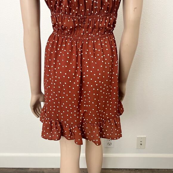 [ASOS] Brown White Polka Dot Print Babydoll Shirred Puff Sleeve Mini Dress Sz 14 - Picture 9 of 11